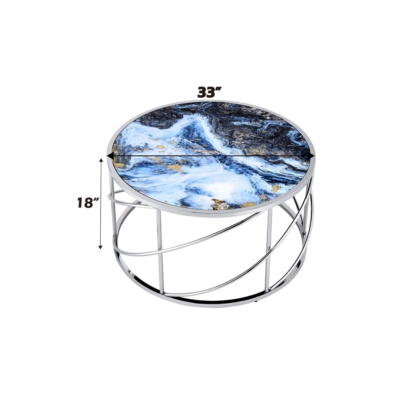 Pemberly Row Contemporary Metal/Marble Coffee Table in Blue Print and Chrome
