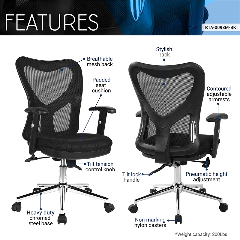 Pemberly Row Modern / Contemporary Mesh Office Chair in Black