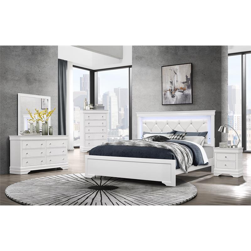 Pemberly Row Contemporary Metallic White Full Bed w/ LED Light