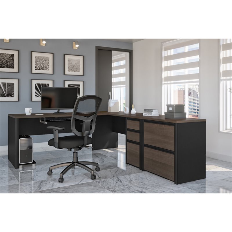 Pemberly Row 5 Piece L Shaped Office Set in Antigua and Black
