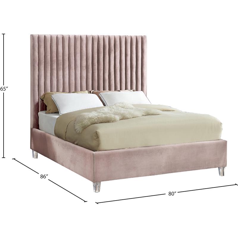 Pemberly Row Modern Solid Wood Tufted Velvet King Bed in Pink