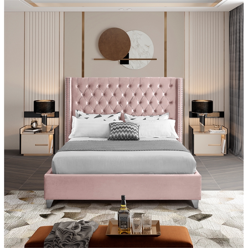 Pemberly Row Solid Wood Tufted Velvet Wing Back Full Bed in Pink