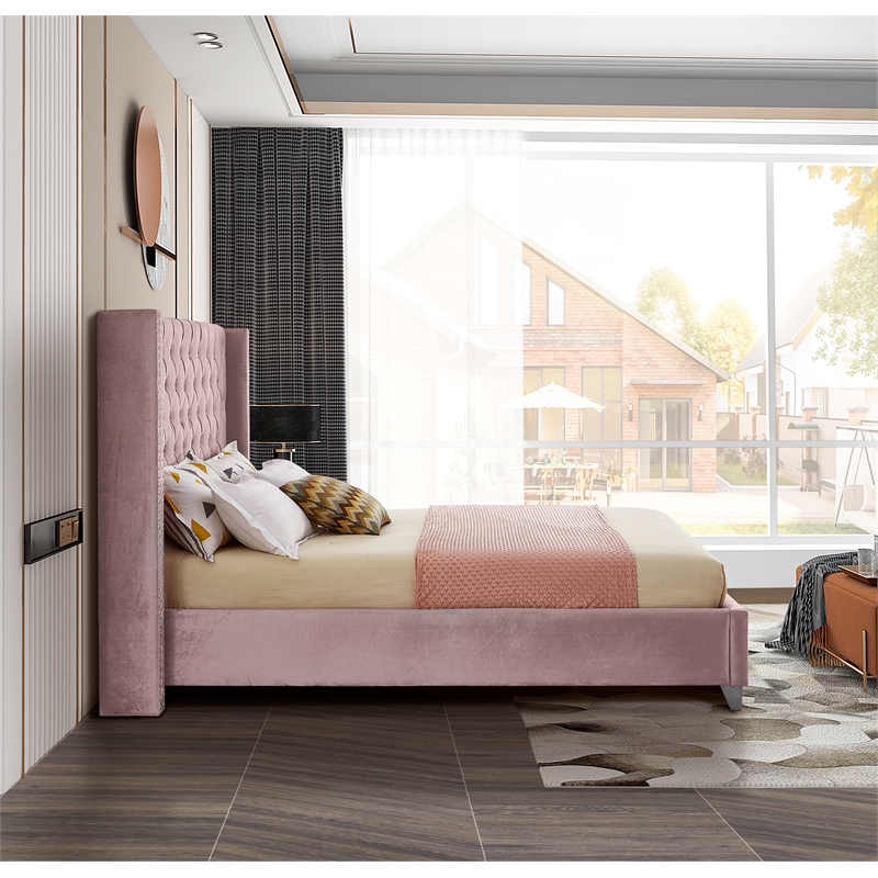 Pemberly Row Solid Wood Tufted Velvet Wing Back Full Bed in Pink