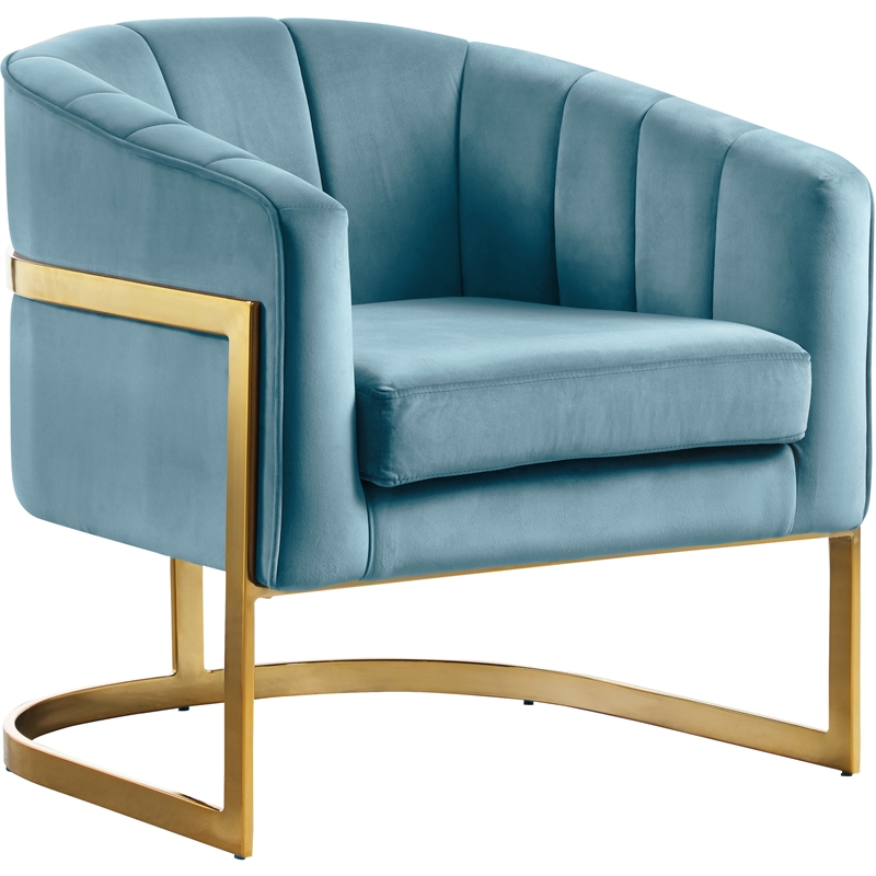 Pemberly Row Aqua Velvet Accent Chair with Stainless Steel Base