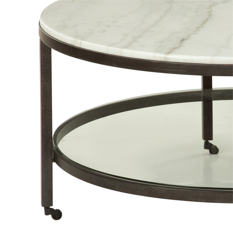 Pemberly Row Modern Marble Round Modern Cocktail Table in Bronze