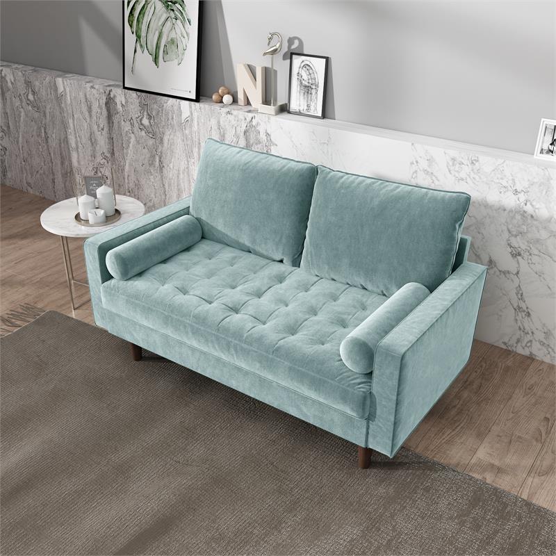 Pemberly Row Modern Velvet Living Room Loveseat In Grayish Cyan