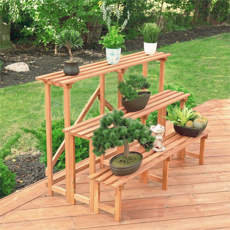 Pemberly Row Large 3-Tier Wood Step Plant Stand in Medium Brown