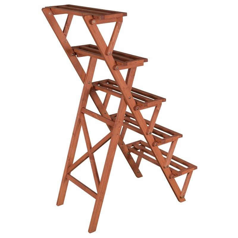 Pemberly Row 5-Tier A-Frame Wood Plant Stand in Medium Brown
