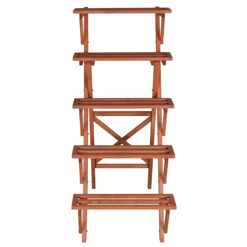 Pemberly Row 5-Tier A-Frame Wood Plant Stand in Medium Brown