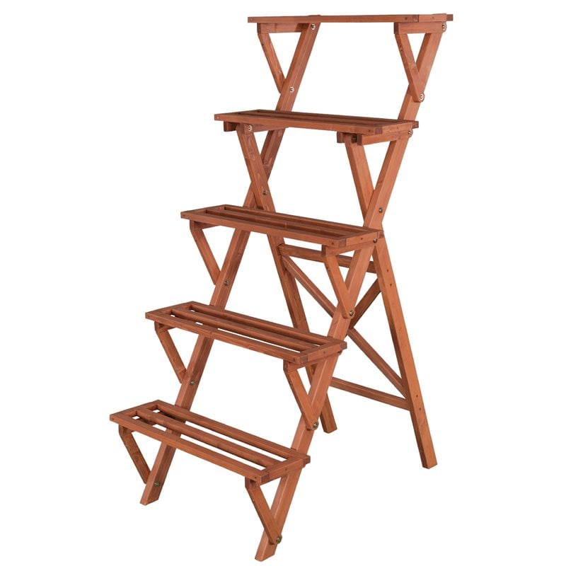 Pemberly Row 5-Tier A-Frame Wood Plant Stand in Medium Brown