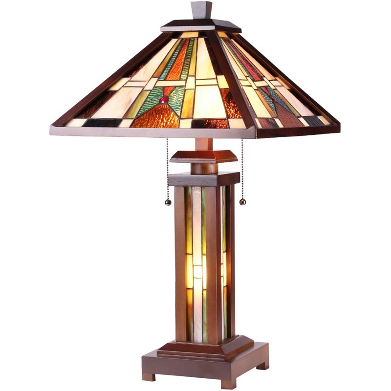Pemberly Row Tiffany Mission 3 Light Double Lit Wooden Table Lamp 15