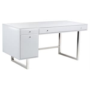 Pemberly Row 63&quot Modern Wood and Stainless Steel Desk in High Gloss White