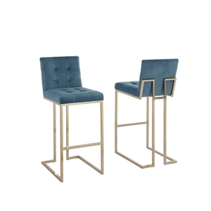 Pemberly Row Barstools w/ Tufted Seats - Teal Blue Velvet (Set of 2)
