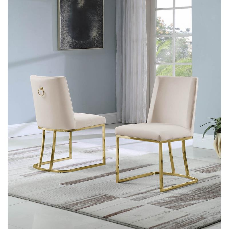 Pemberly Row Double Minimalistic Cream Velvet Side Chairs with Gold Chrome Legs