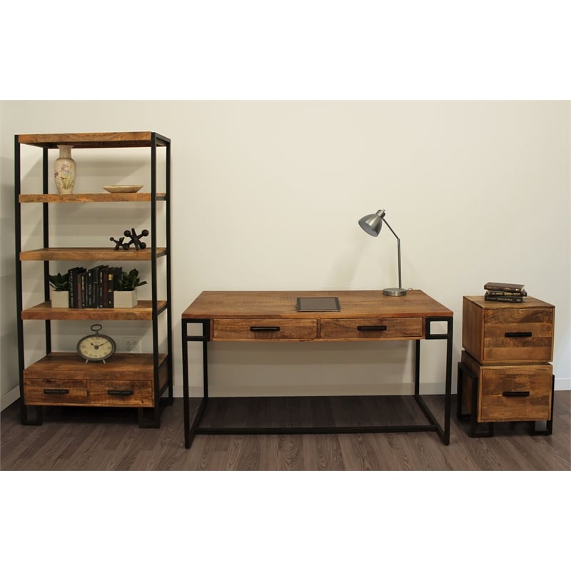 Pemberly Row 2-Drawer Solid Wood Writing Desk in Brown with Iron Legs
