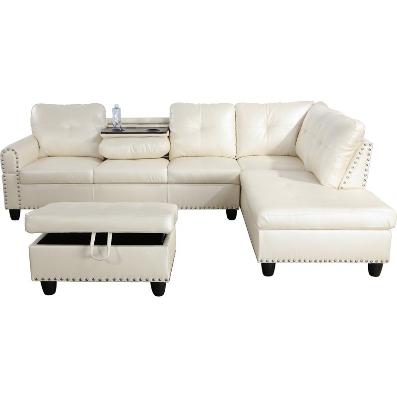 Pemberly Row Right-Facing Sectional & Ottoman in Shiny White