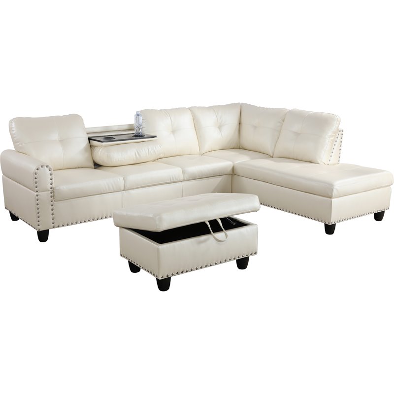 Pemberly Row Right-Facing Sectional & Ottoman in Shiny White