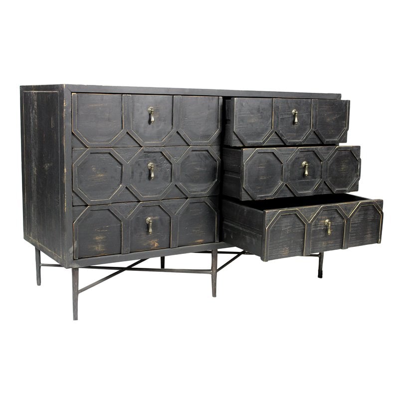 Pemberly Row Solid Wood 6 Door Sideboard on Cast Iron Base in Black