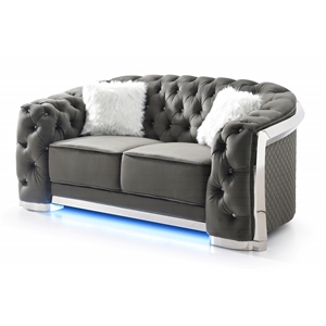 Pemberly Row Modern Gray Velvet Loveseat With LED Accent Lighting