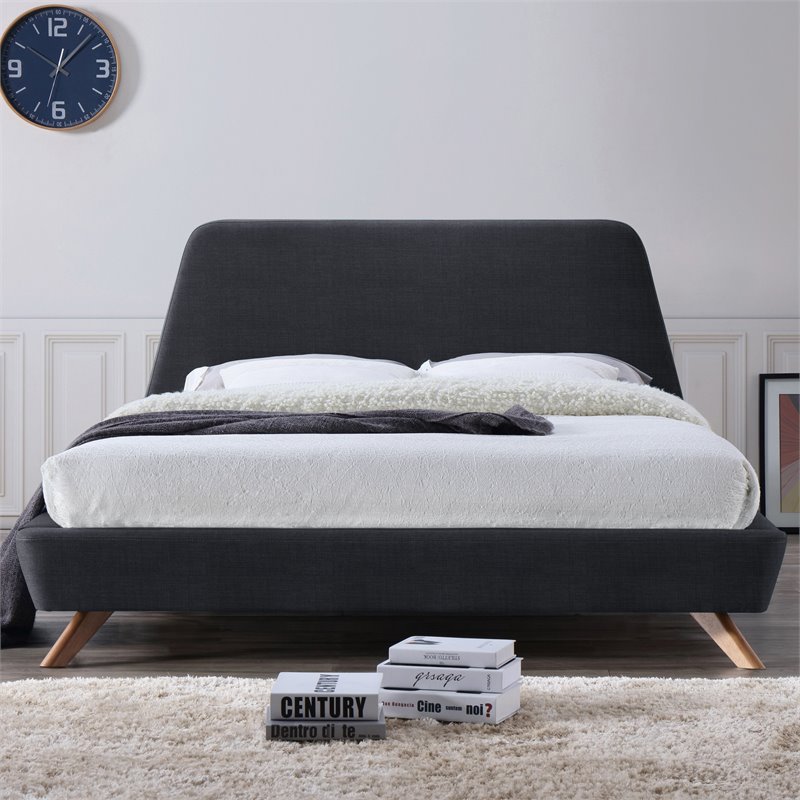 Pemberly Row Wood and Fabric Upholstered Queen Platform Bed in Dark Gray