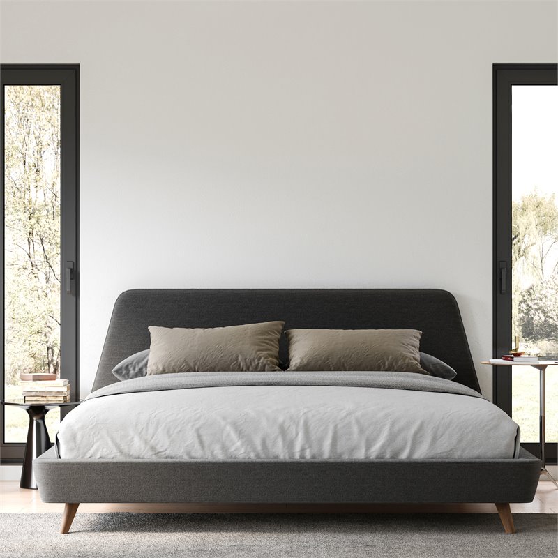 Pemberly Row Wood and Fabric Upholstered King Platform Bed in Dark Gray