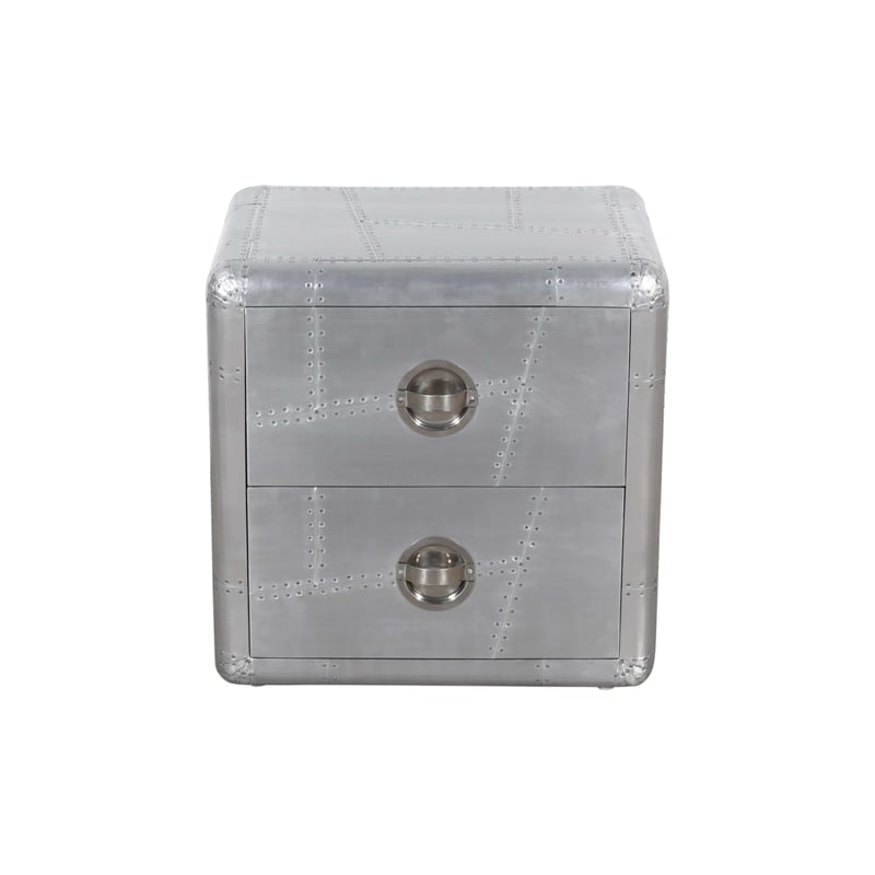 Pemberly Row 2-Drawer Nightstand w/ Silver Aluminum Cladding and Exposed Screws