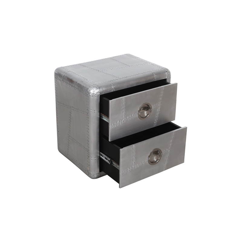 Pemberly Row 2-Drawer Nightstand w/ Silver Aluminum Cladding and Exposed Screws