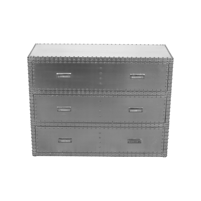 Pemberly Row 3-Drawer Chest w/ Silver Aluminum Cladding and Exposed Steel Studs