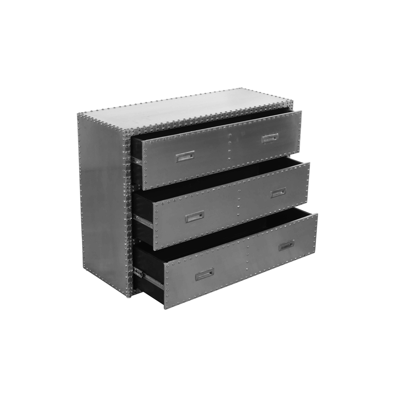 Pemberly Row 3-Drawer Chest w/ Silver Aluminum Cladding and Exposed Steel Studs