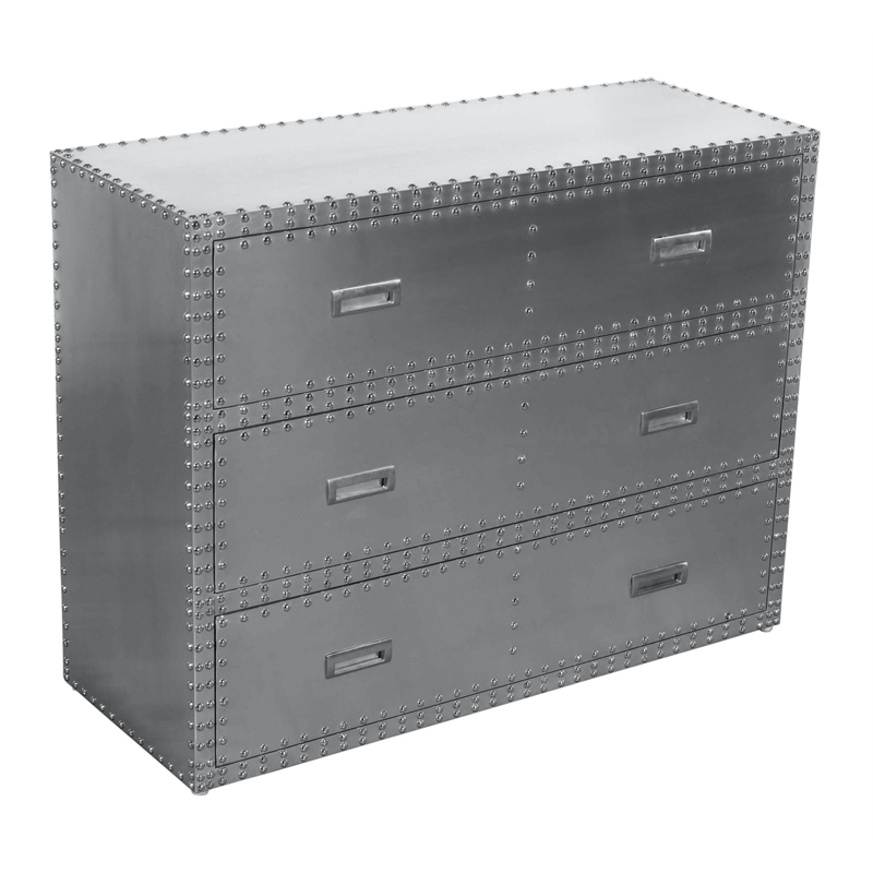 Pemberly Row 3-Drawer Chest w/ Silver Aluminum Cladding and Exposed Steel Studs