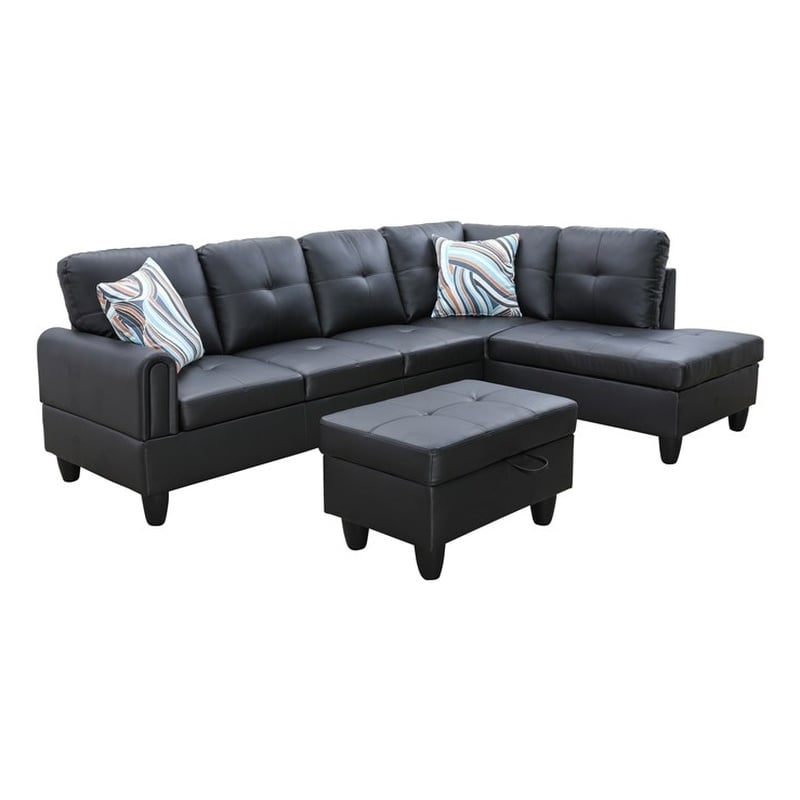 Pemberly Row Modern (Black) 3PC Faux Leather Sectional w/ottoman