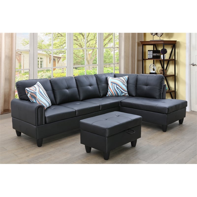 Pemberly Row Modern (Black) 3PC Faux Leather Sectional w/ottoman