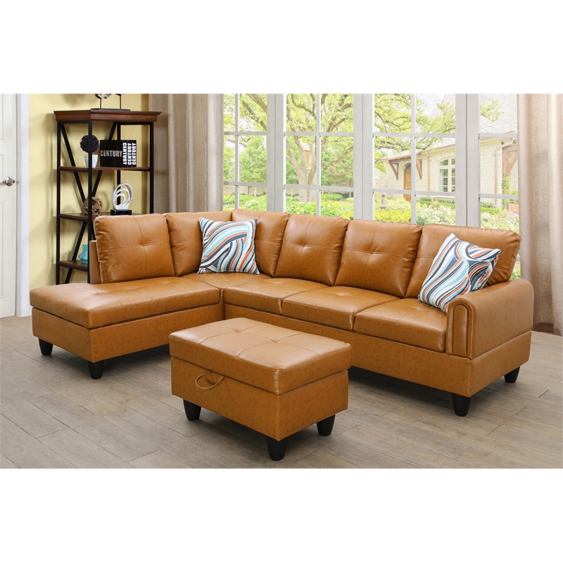 Pemberly Row Faux Leather 3PC Sectional w/ottoman (Rusty Orange)
