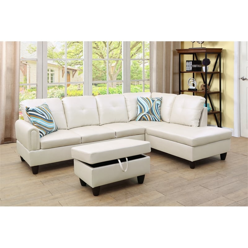Pemberly Row Modern / Contemporary Off White 3PC Sectional w/ottoman