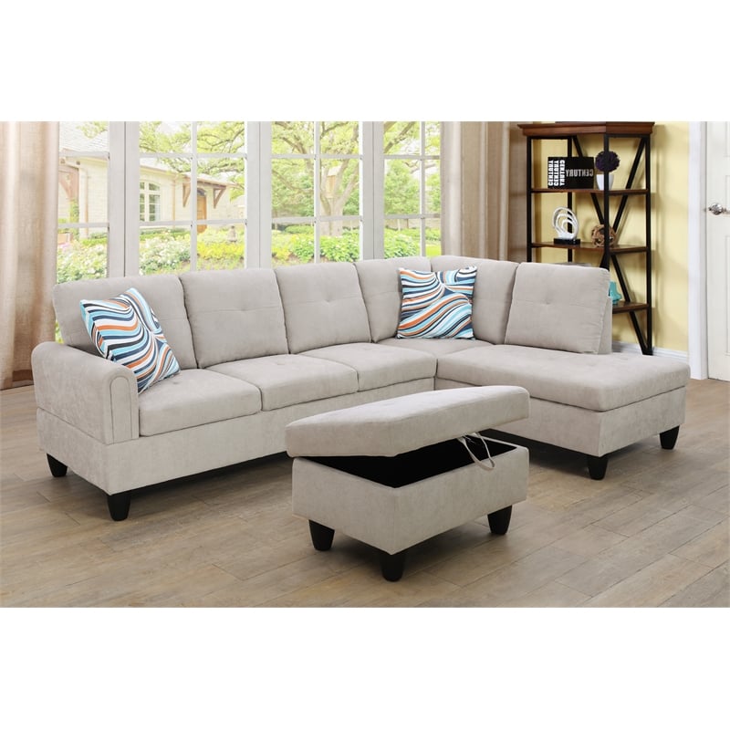 Pemberly Row Modern 3PC Right Facing Sectional Sofa with Ottoman