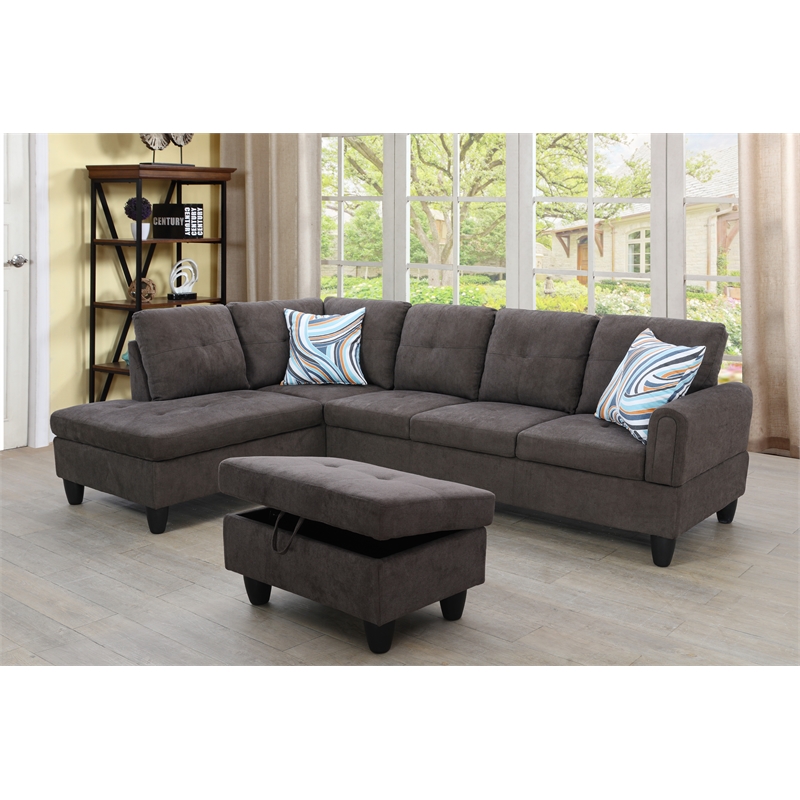 Pemberly Row Modern 3PC Sectional Sofa with Ottoman (Dark Brown)