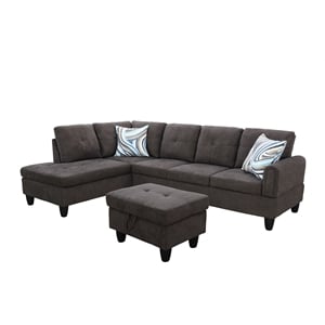 Pemberly Row Modern 3PC Sectional Sofa with Ottoman (Dark Brown)