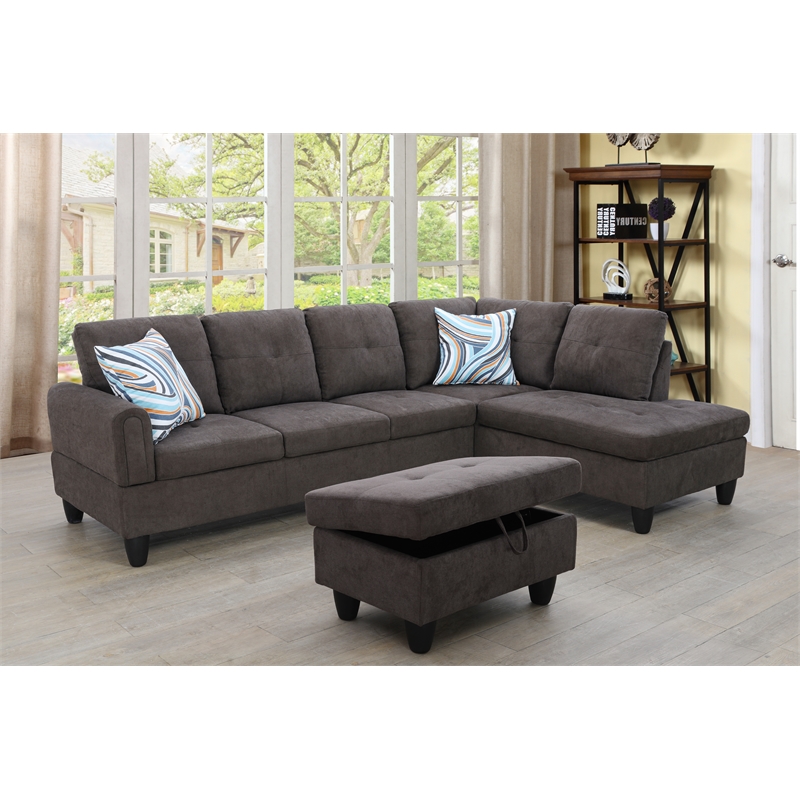 Pemberly Row Modern 3PC Sectional Sofa with Ottoman (Dark Brown)