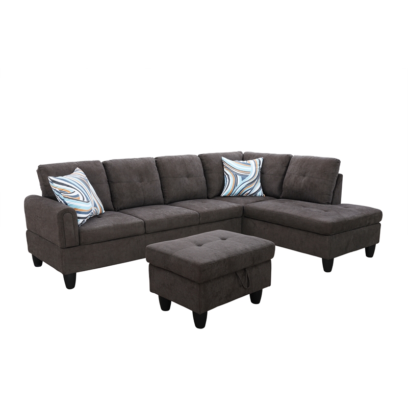 Pemberly Row Modern 3PC Sectional Sofa with Ottoman (Dark Brown)
