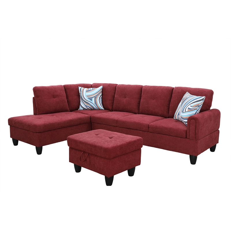Pemberly Row Contemporary 3PC Sectional Sofa with Ottoman (Red)