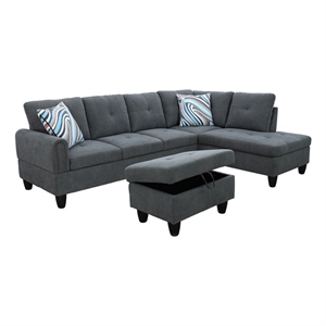 Pemberly Row Modern 3PC Sectional Sofa with Ottoman (Dark Gray)