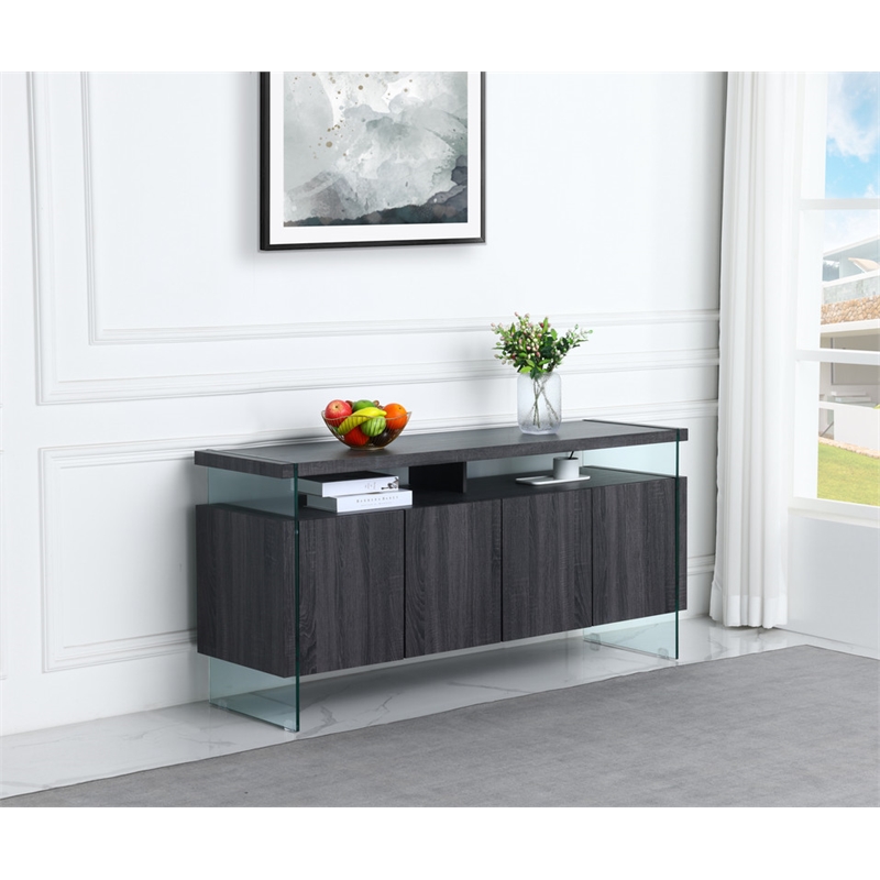 Pemberly Row Walnut Wood 4 Door Server with Internal Storage and Glass Legs