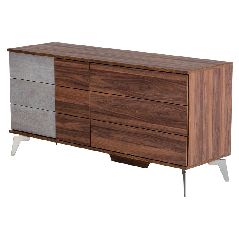 Pemberly Row 6-Drawer Modern Wood & Faux Concrete Dresser in Walnut/Gray