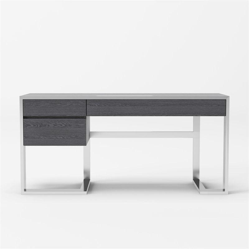 Pemberly Row 3-Drawer Modern Stainless Steel & MDF Wood Desk in Elm Gray