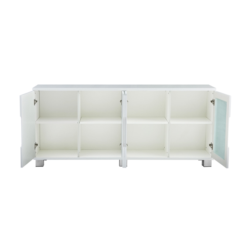 Pemberly Row High Gloss White 4 Door Wood Cabinet Server w/ Frosted Glass Doors