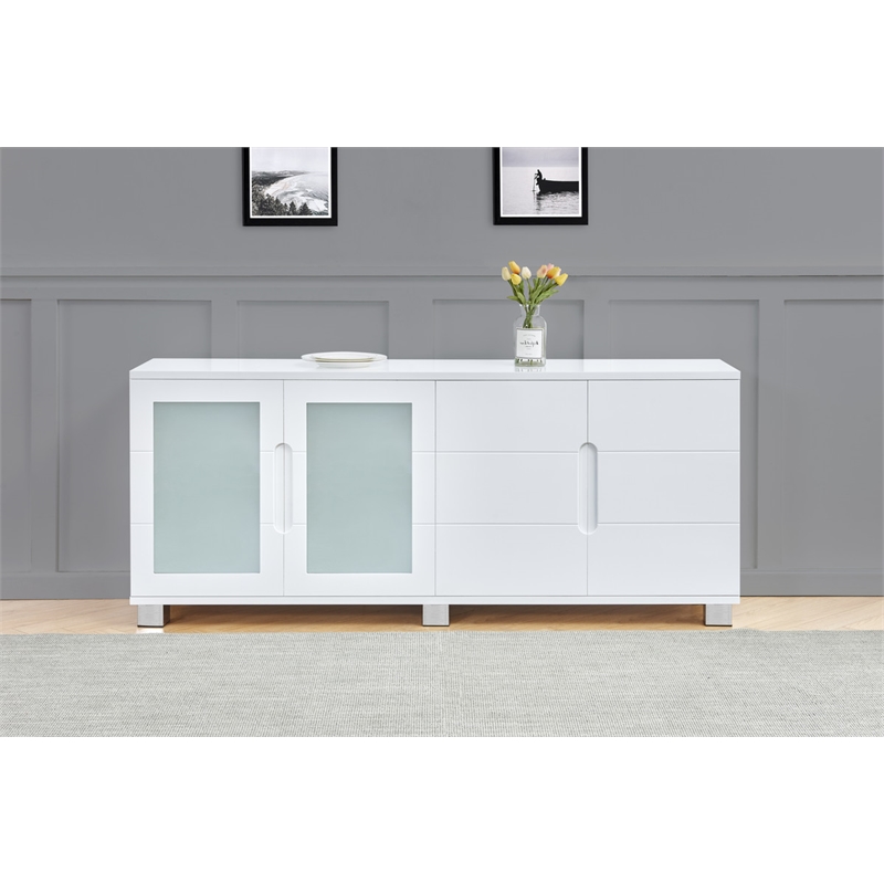 Pemberly Row High Gloss White 4 Door Wood Cabinet Server w/ Frosted Glass Doors