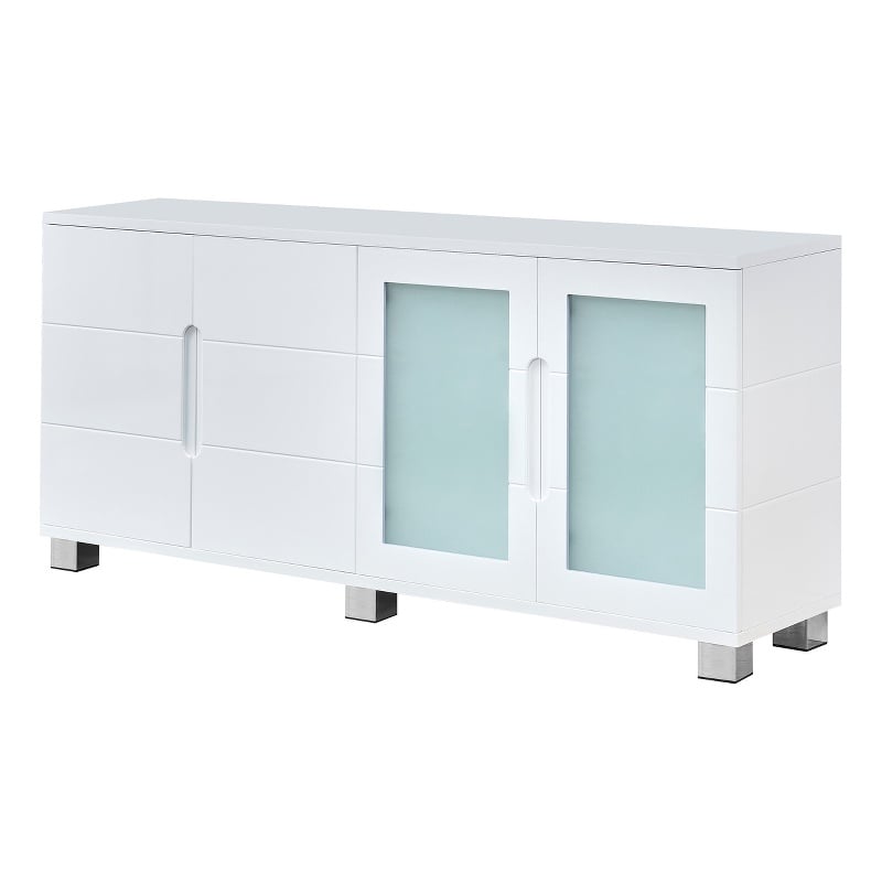 Pemberly Row High Gloss White 4 Door Wood Cabinet Server w/ Frosted Glass Doors