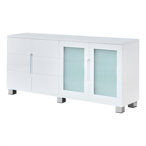 Pemberly Row High Gloss White 4 Door Wood Cabinet Server w/ Frosted Glass Doors