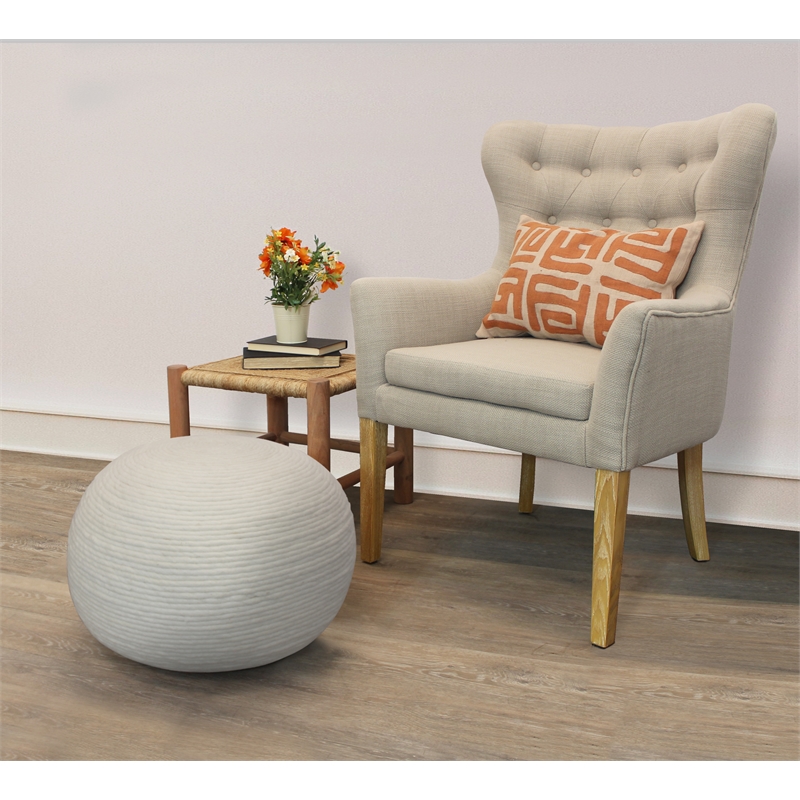 Pemberly Row Modern Round Pouf in Ivory Wool with Polyester Filling