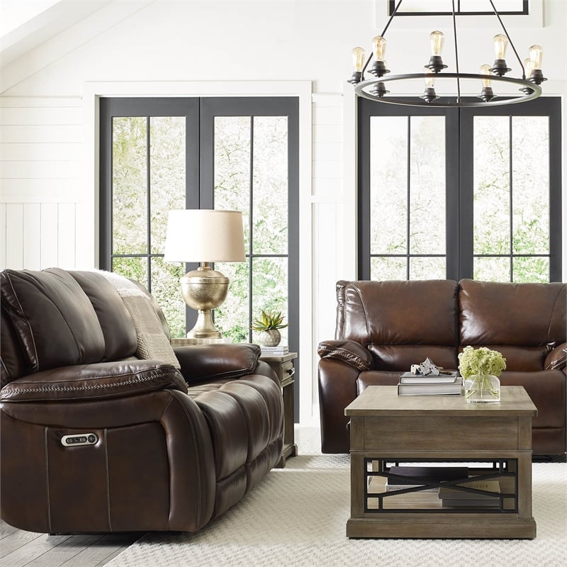 Pemberly Row Transitional Leather Power Recliner in Burnt Sienna